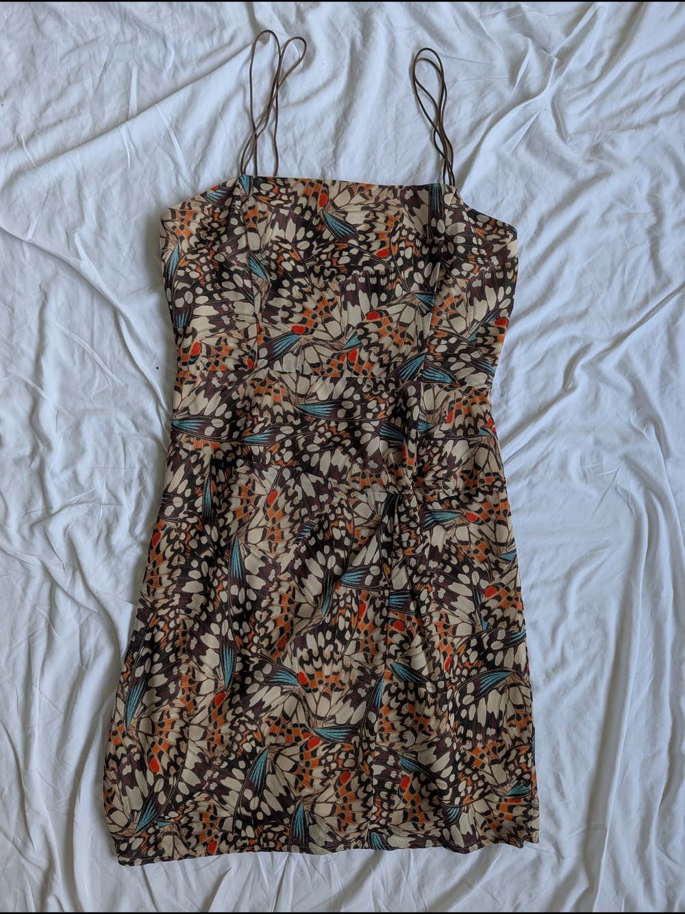 Hutch Spaghetti-Strap Mini Dress in Brown, Cream, Orange & Blue Butterfly